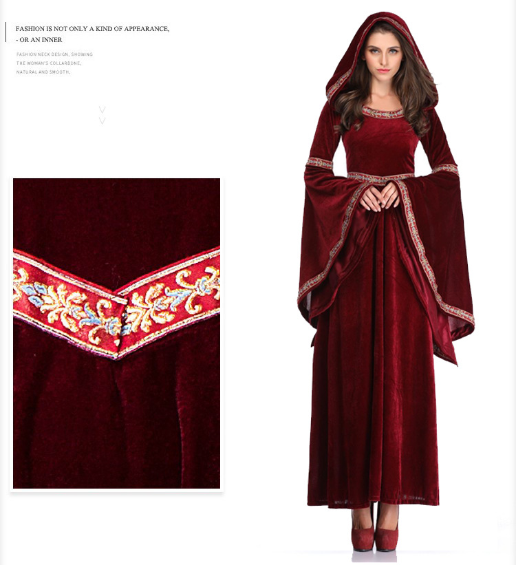 Vintage Witch Long Sleeve Hooded Vampire Cosplay Costume Halloween For Women